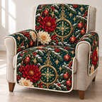 Dahlia Golden Celestial Clock printed Christmas quilted sofa cover; design mockup showing a flat printed depth effect.