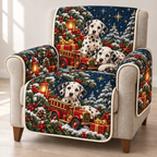 Dalmatian Toy Fire Engine printed Christmas quilted sofa cover; design mockup showing a flat printed depth effect.