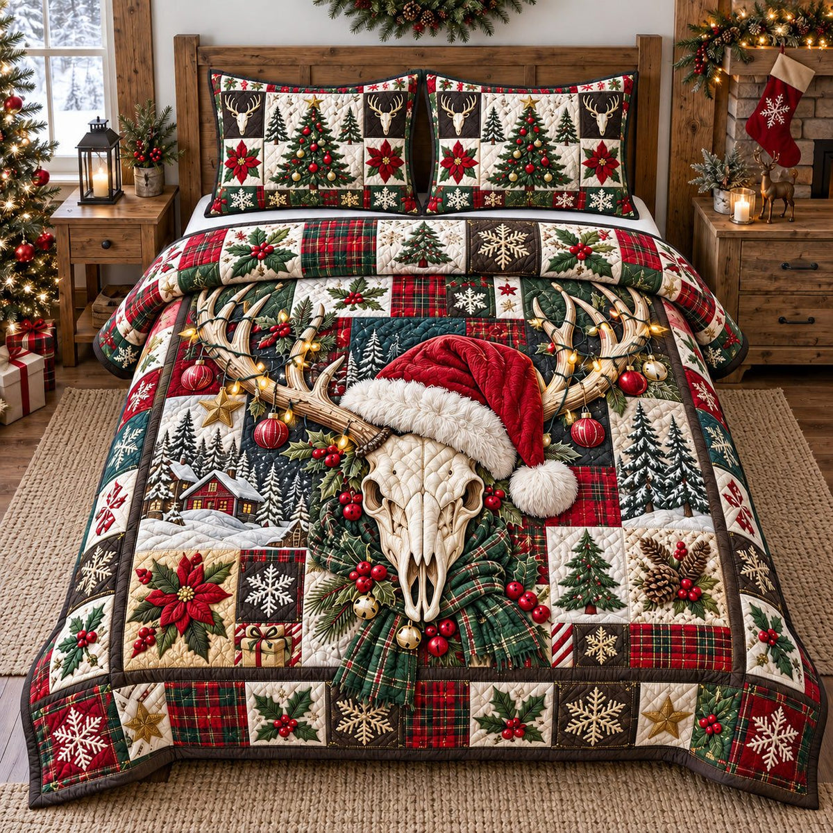 Christmas Deer Skull Patchwork quilted 3-piece bedding set on a made bed in a winter-styled bedroom