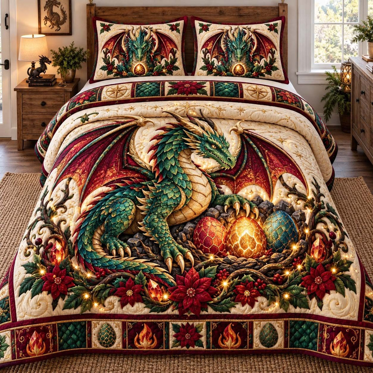 Christmas Dragon Nest quilted 3-piece bedding set on a made bed in a winter-styled bedroom