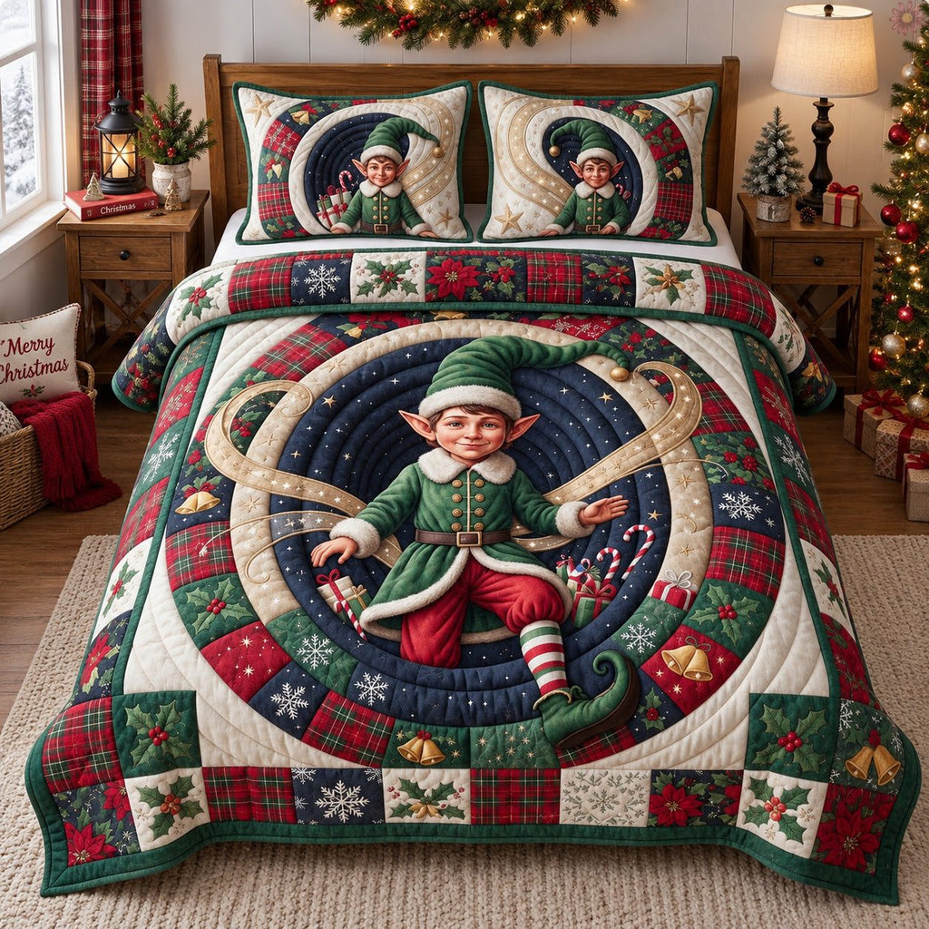 Christmas Elf quilted 3-piece bedding set on a made bed in a winter-styled bedroom