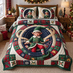 Christmas Elf quilted 3-piece bedding set on a made bed in a winter-styled bedroom