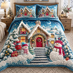Christmas Fairy Village quilted 3-piece bedding set on a made bed in a winter-styled bedroom