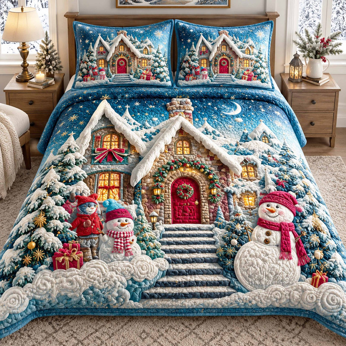 Christmas Fairy Village quilted 3-piece bedding set on a made bed in a winter-styled bedroom