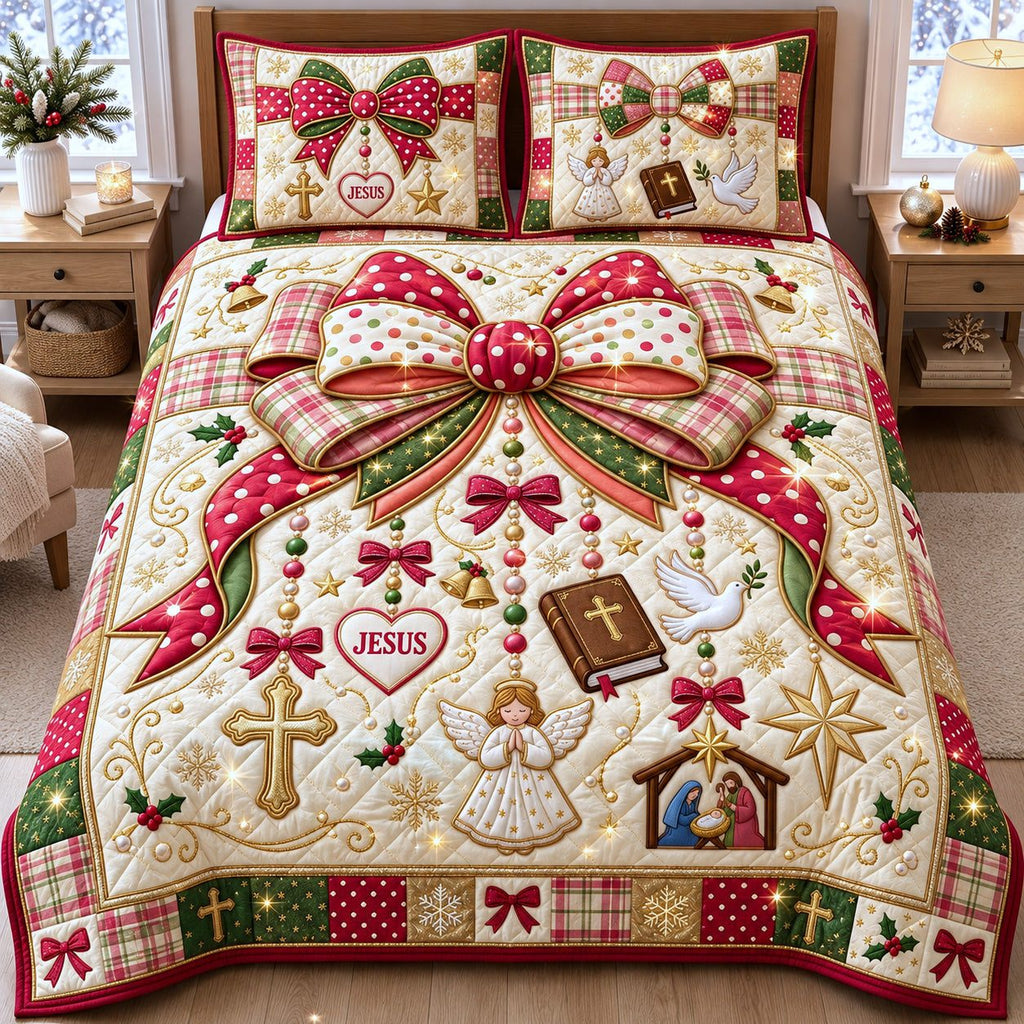 Christmas Faith Bow quilted 3-piece bedding set on a made bed in a winter-styled bedroom