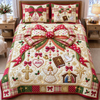 Christmas Faith Bow quilted 3-piece bedding set on a made bed in a winter-styled bedroom