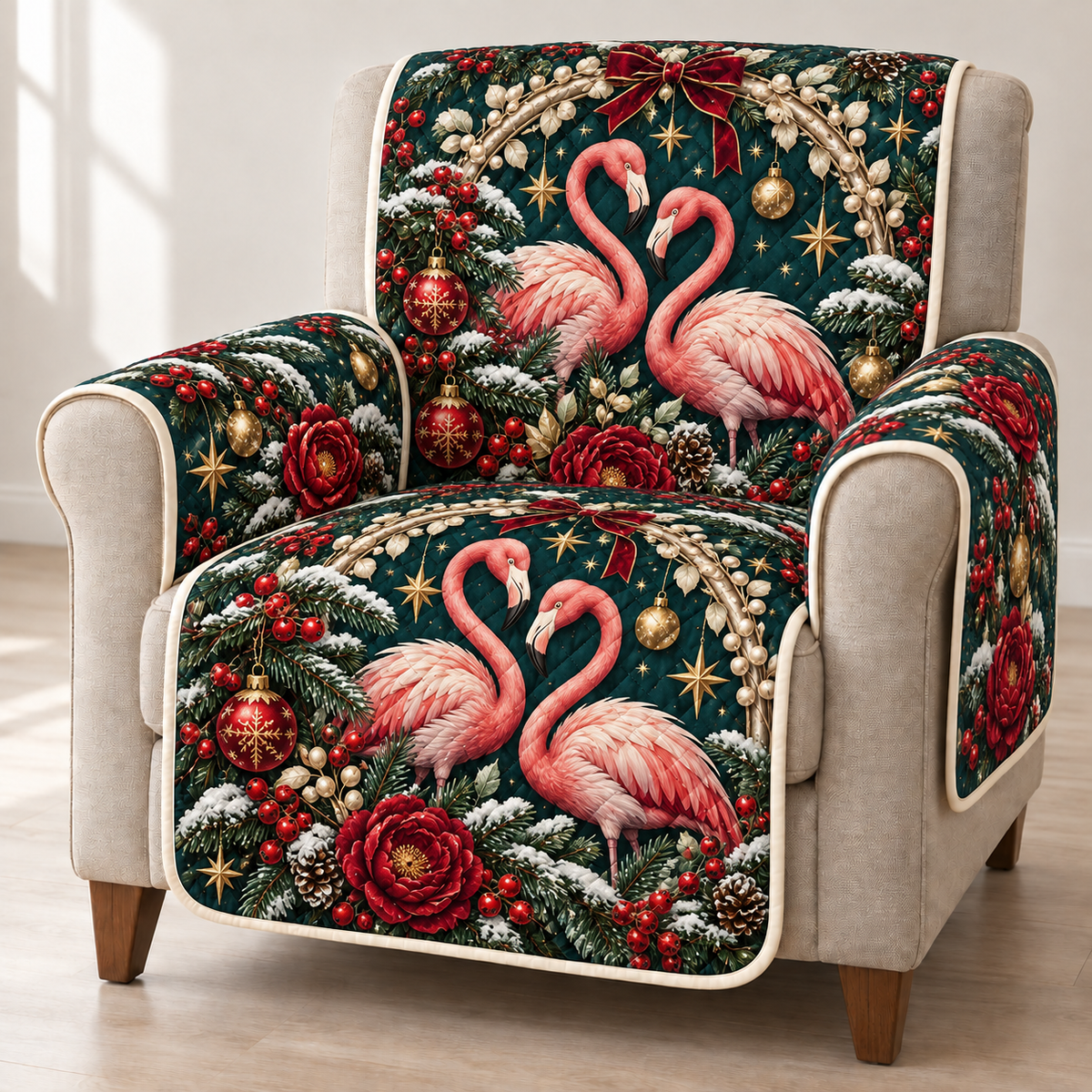 Flamingo Pearl Arch printed Christmas quilted sofa cover; design mockup showing a flat printed depth effect.
