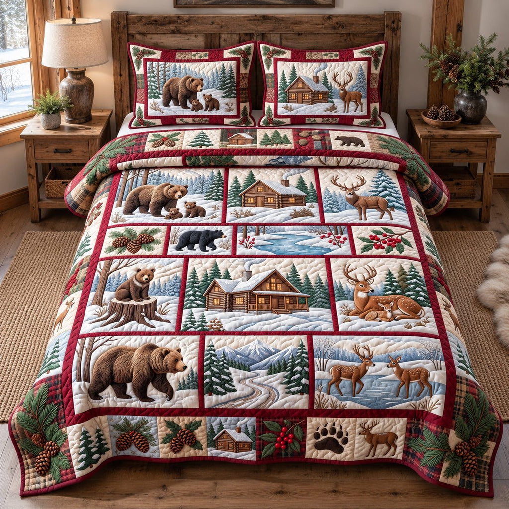 Christmas Forest Patchwork quilted 3-piece bedding set on a made bed in a winter-styled bedroom