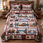 Christmas Forest Patchwork quilted 3-piece bedding set on a made bed in a winter-styled bedroom