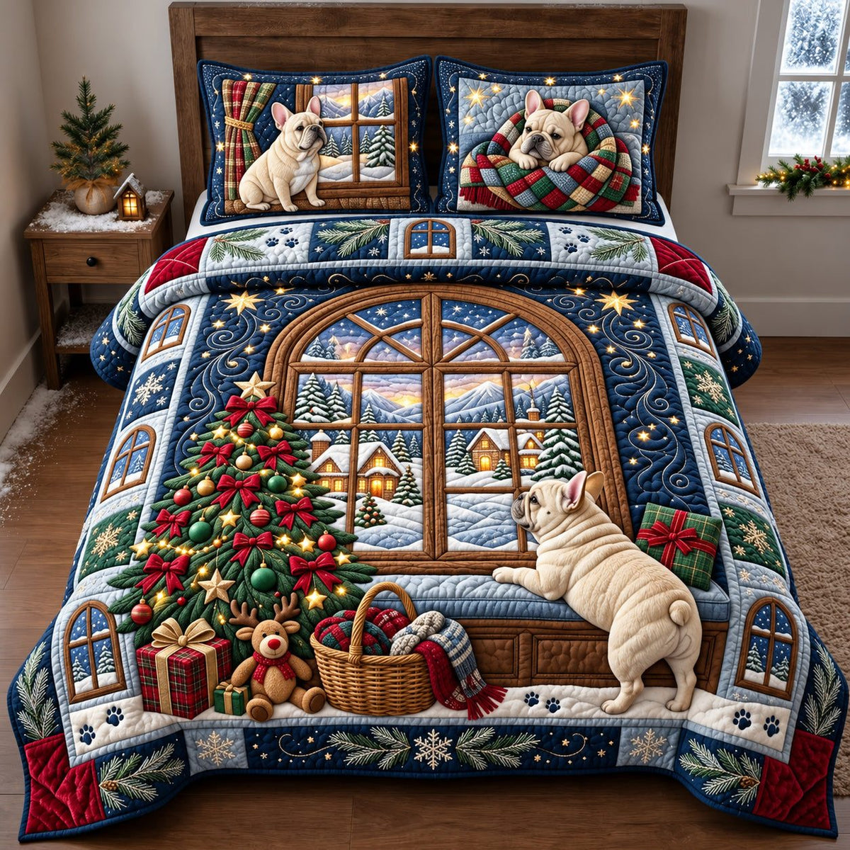 Christmas Frenchie quilted 3-piece bedding set on a made bed in a winter-styled bedroom