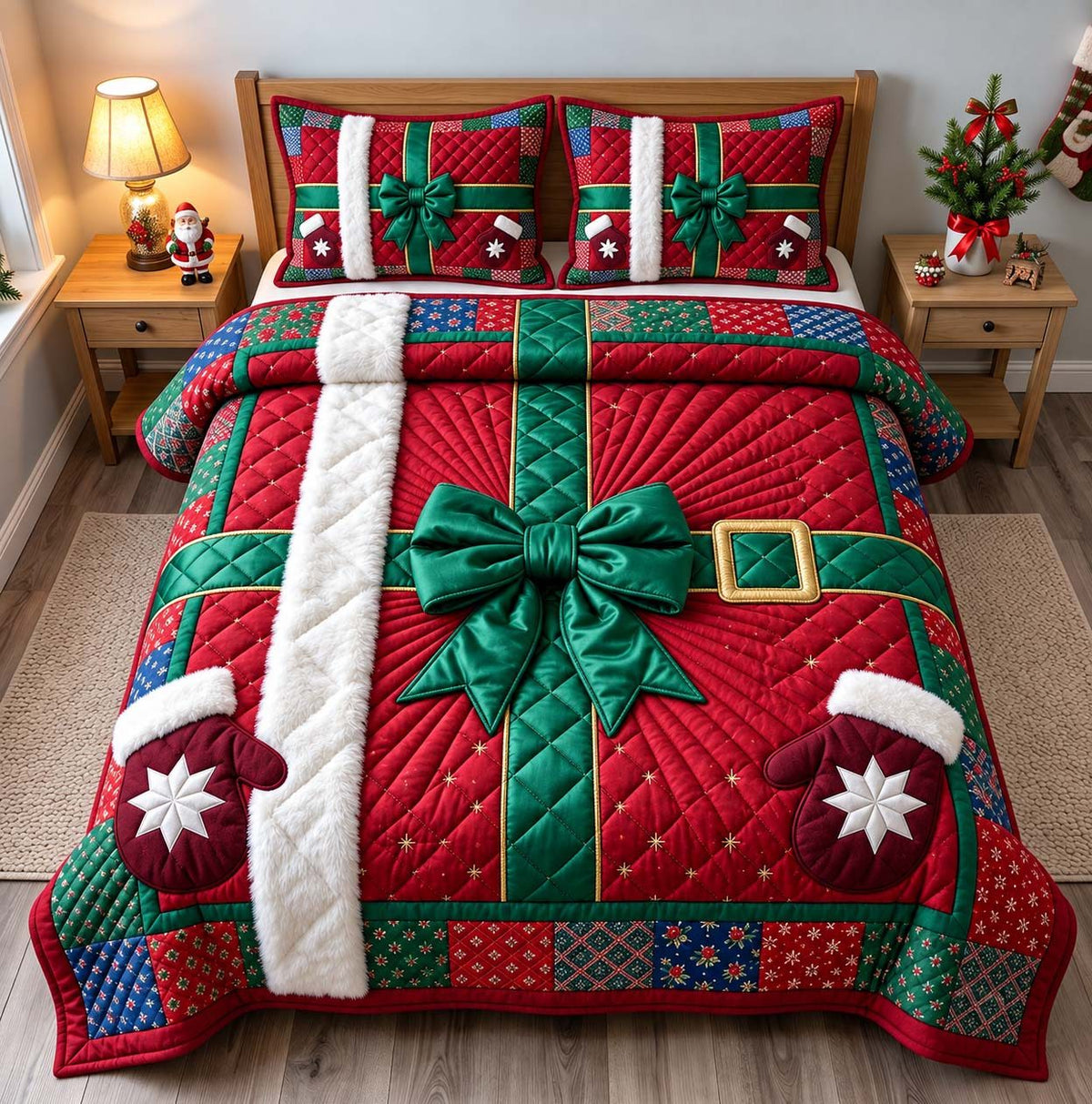 Christmas Gift Santa quilted 3-piece bedding set on a made bed in a winter-styled bedroom