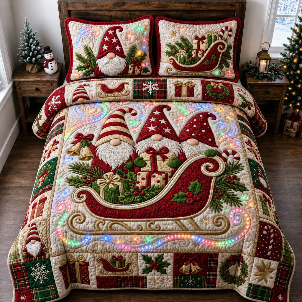 Christmas Gnome Sleigh quilted 3-piece bedding set on a made bed in a winter-styled bedroom