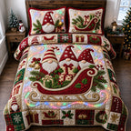 Christmas Gnome Sleigh quilted 3-piece bedding set on a made bed in a winter-styled bedroom