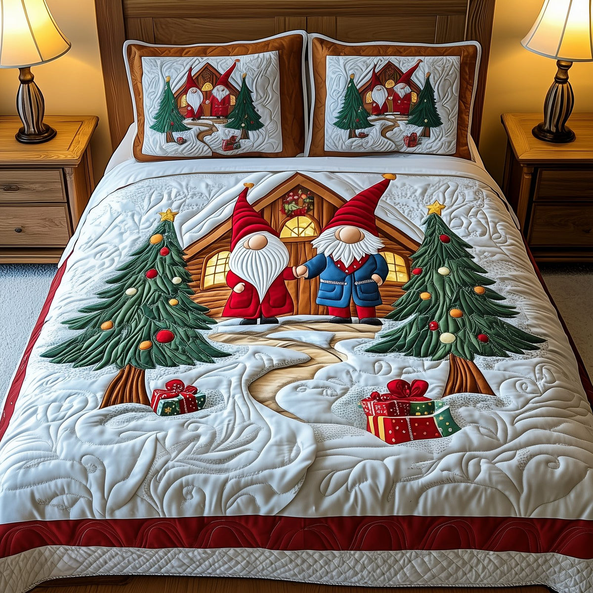 Christmas Gnomes 3-Piece Quilted Bedding Set GFTOTP787 quilted 3-piece bedding set on a made bed in a winter-styled bedroom