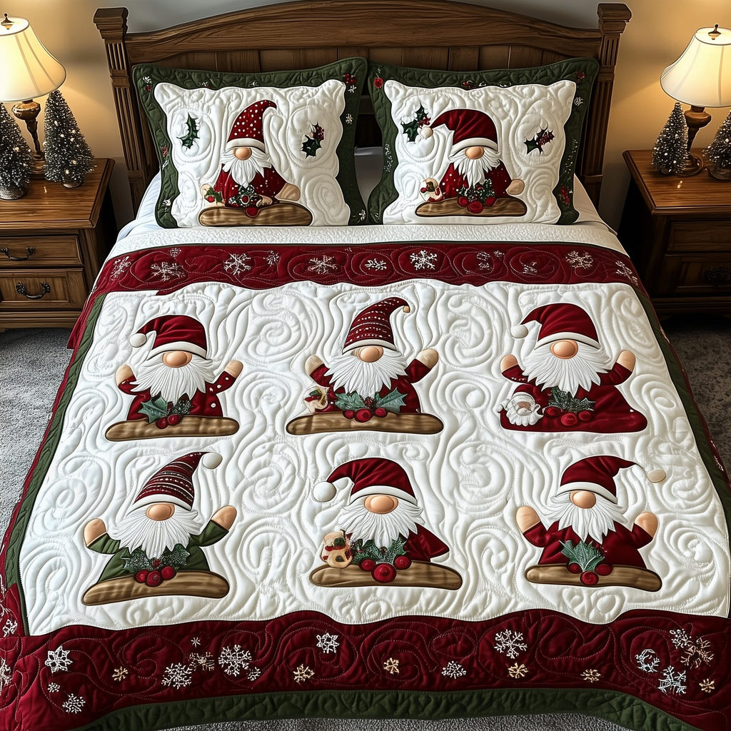 Christmas Gnomes 3-Piece Quilted Bedding Set GFTOTP793 quilted 3-piece bedding set on a made bed in a winter-styled bedroom