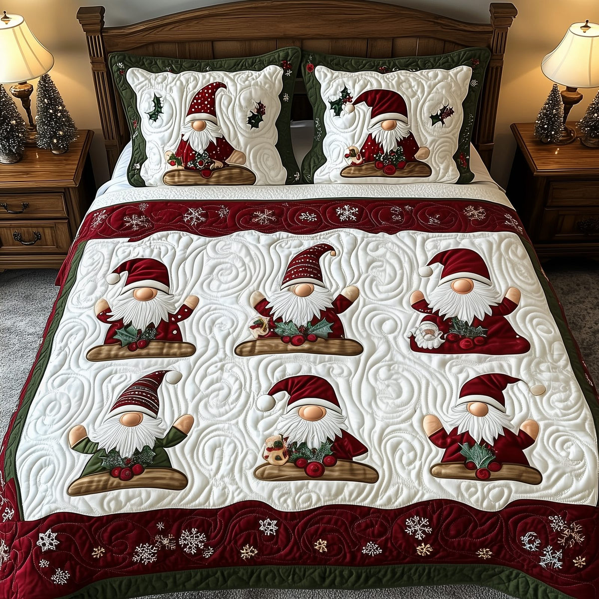 Christmas Gnomes 3-Piece Quilted Bedding Set GFTOTP793 quilted 3-piece bedding set on a made bed in a winter-styled bedroom