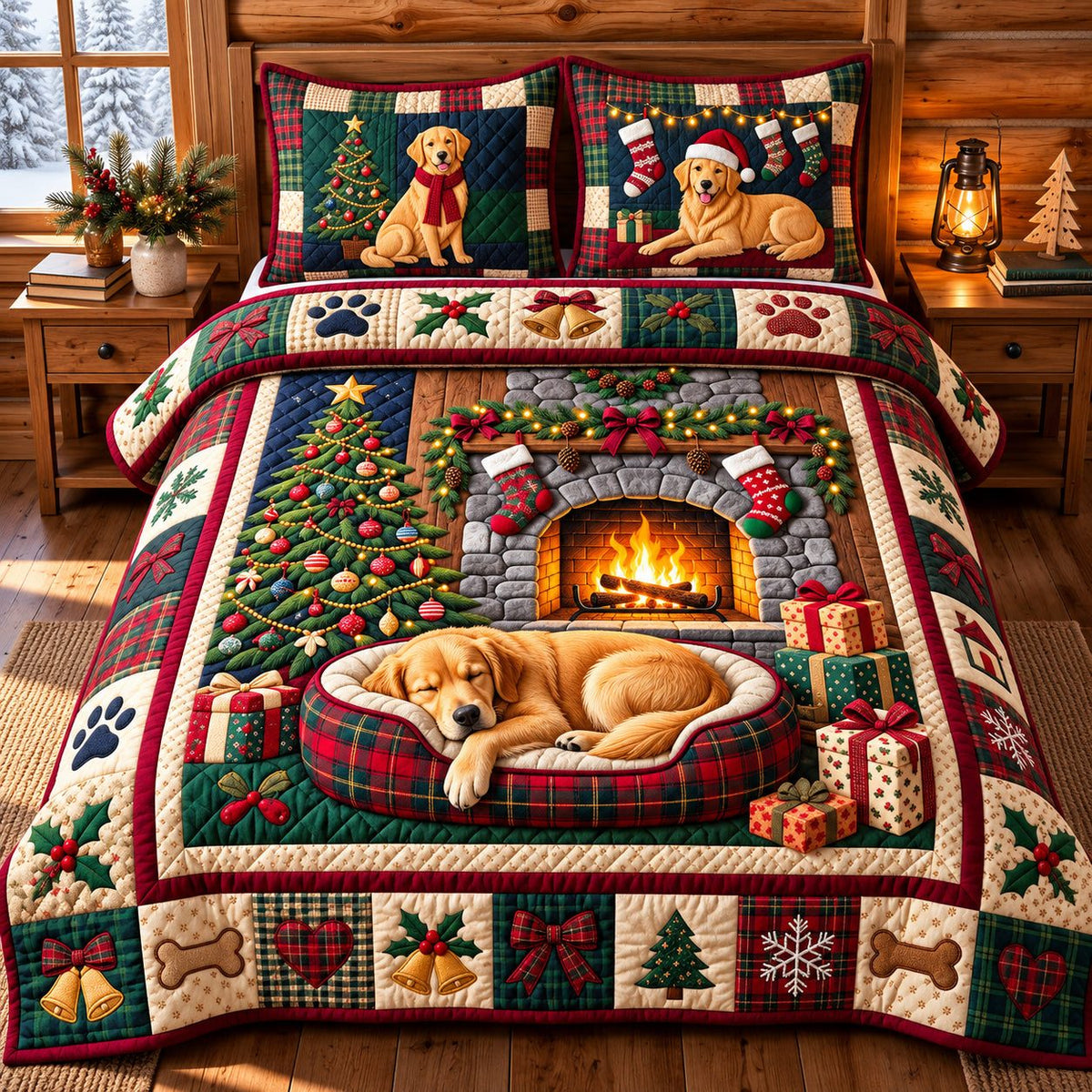 Christmas Golden quilted 3-piece bedding set on a made bed in a winter-styled bedroom