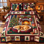 Christmas Golden quilted 3-piece bedding set on a made bed in a winter-styled bedroom