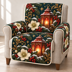 Hellebore Ruby Lantern printed Christmas quilted sofa cover; design mockup showing a flat printed depth effect.