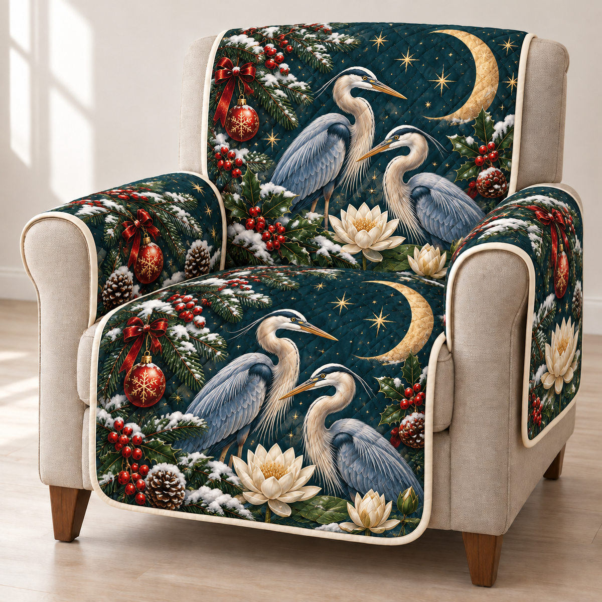 Heron Lotus Moon printed Christmas quilted sofa cover; design mockup showing a flat printed depth effect.