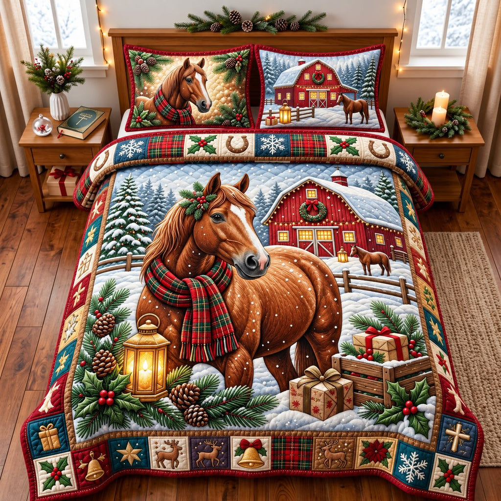 Christmas Horse quilted 3-piece bedding set on a made bed in a winter-styled bedroom