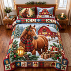 Christmas Horse quilted 3-piece bedding set on a made bed in a winter-styled bedroom
