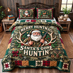 Christmas Hunter quilted 3-piece bedding set on a made bed in a winter-styled bedroom