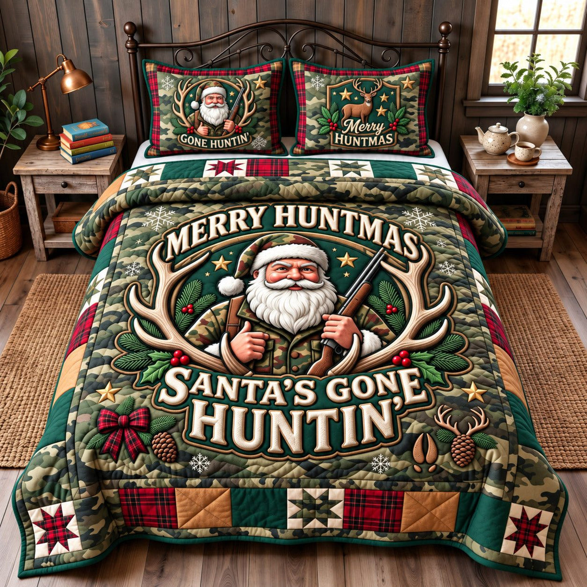Christmas Hunter quilted 3-piece bedding set on a made bed in a winter-styled bedroom
