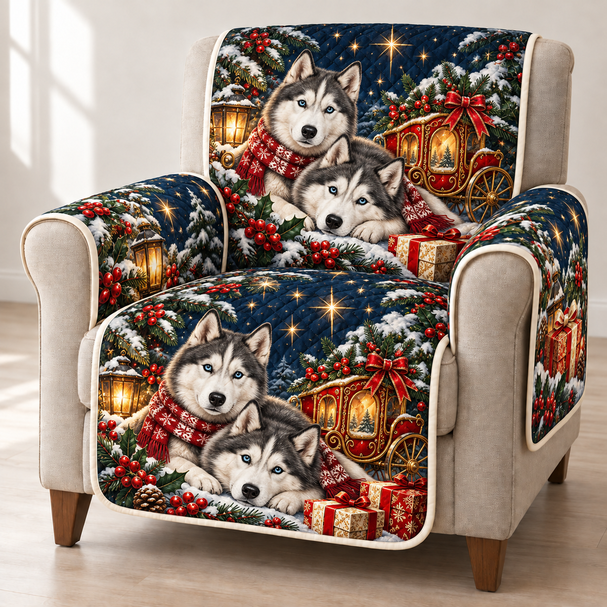 Husky Toy Snow Coach printed Christmas quilted sofa cover; design mockup showing a flat printed depth effect.