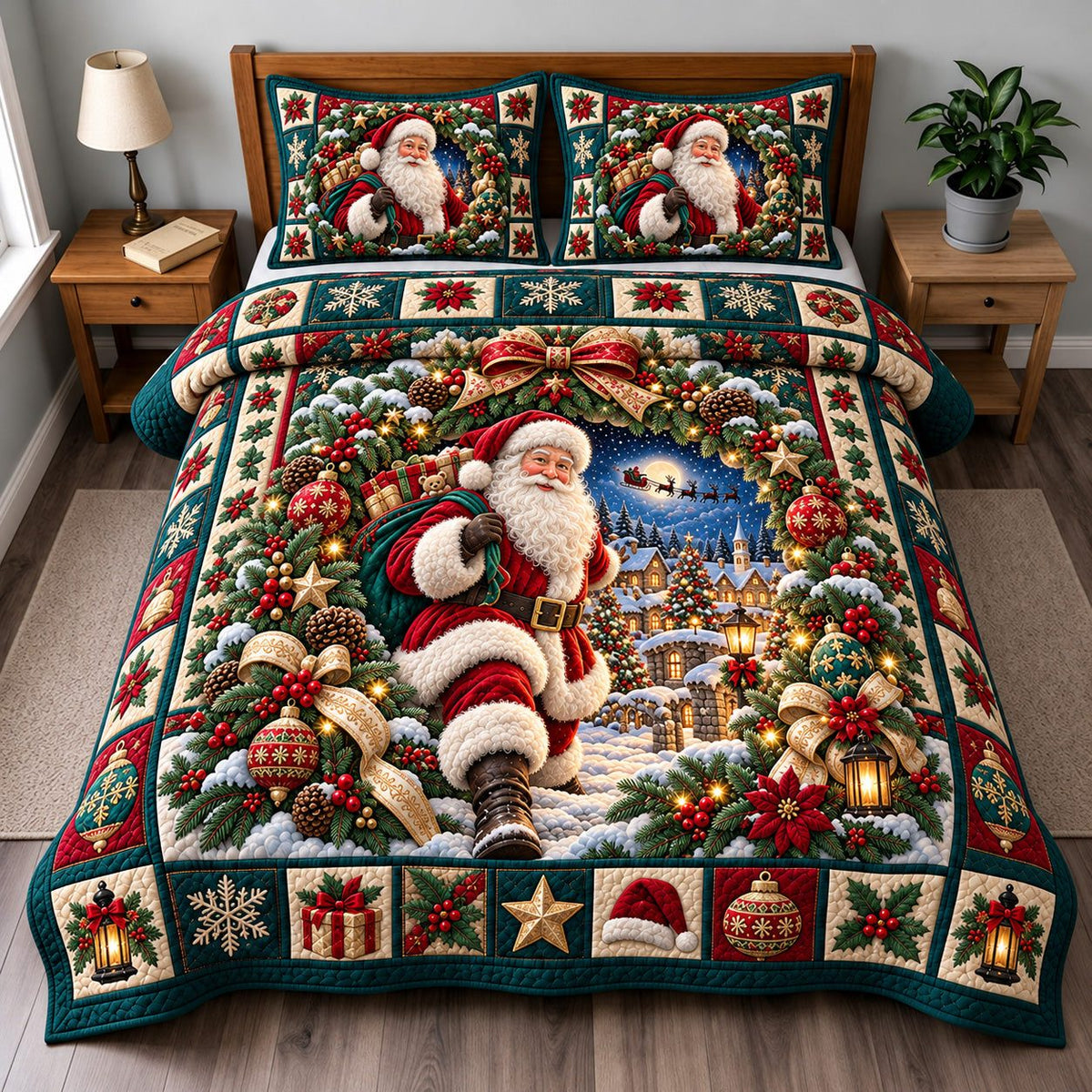 Christmas Journey quilted 3-piece bedding set on a made bed in a winter-styled bedroom