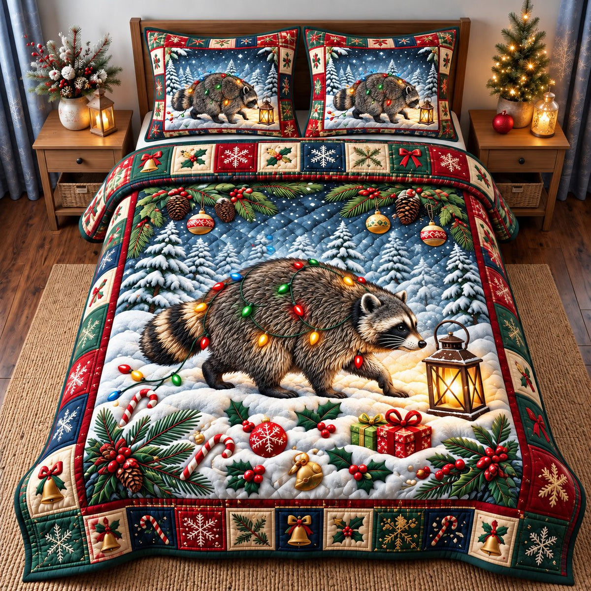 Christmas Lantern Raccoon quilted 3-piece bedding set on a made bed in a winter-styled bedroom