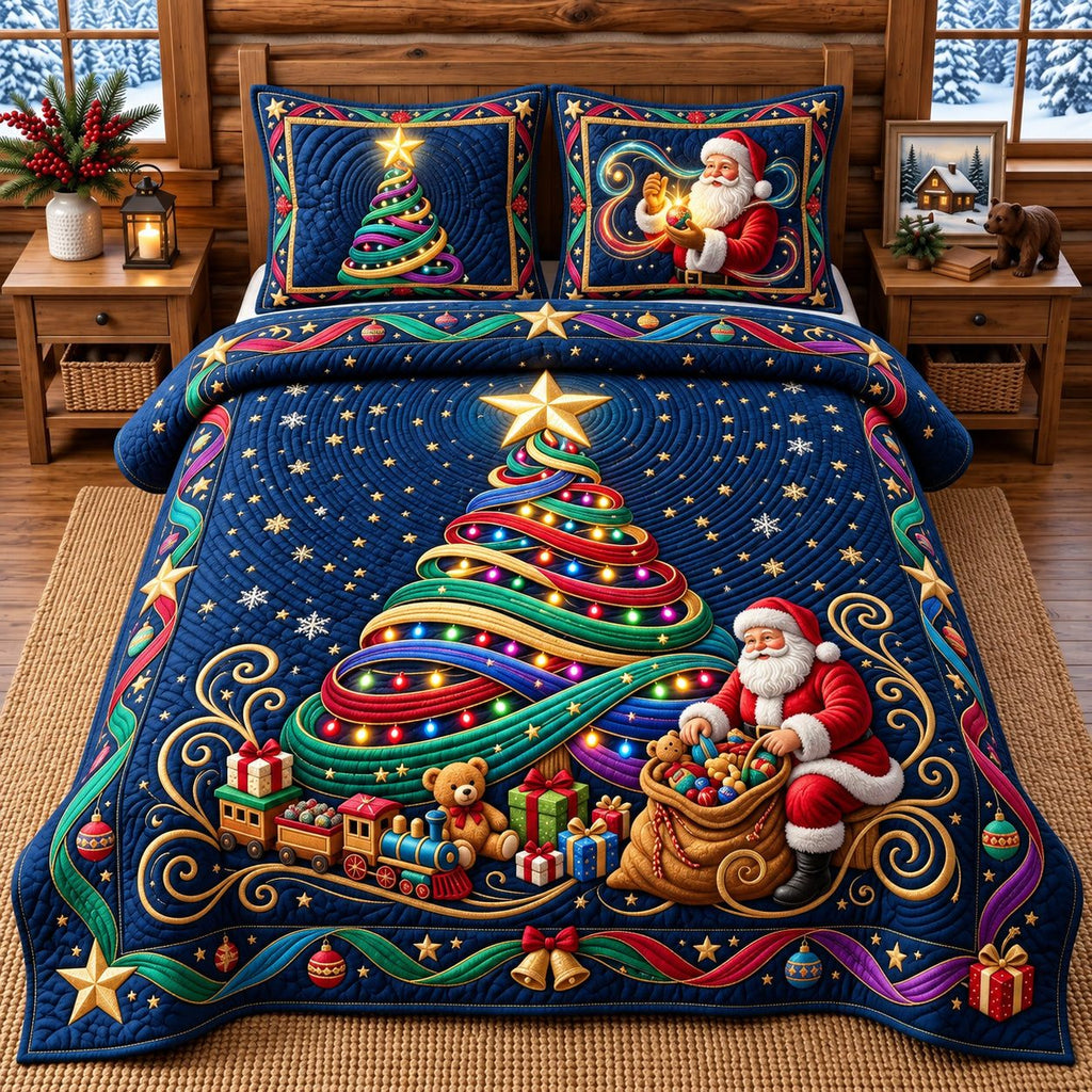 Christmas Light Tree quilted 3-piece bedding set on a made bed in a winter-styled bedroom