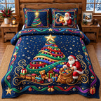 Christmas Light Tree quilted 3-piece bedding set on a made bed in a winter-styled bedroom