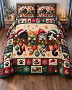 Christmas Lights Cat Trio quilted 3-piece bedding set on a made bed in a winter-styled bedroom