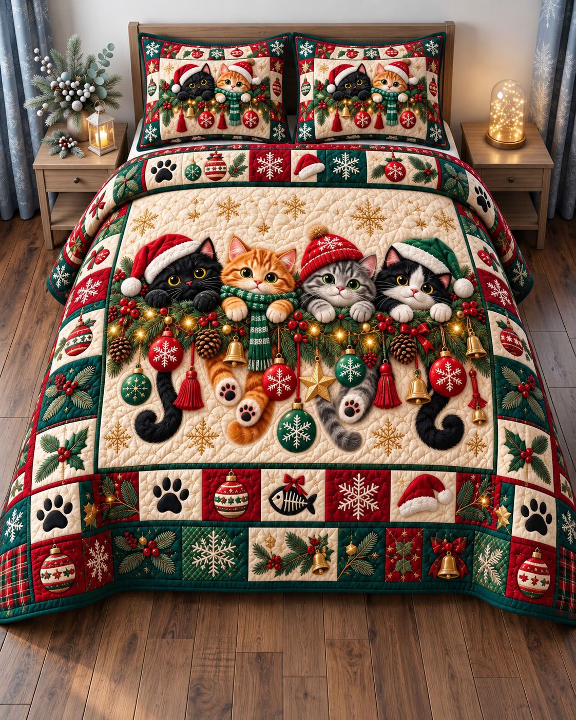 Christmas Lights Cat Trio quilted 3-piece bedding set on a made bed in a winter-styled bedroom