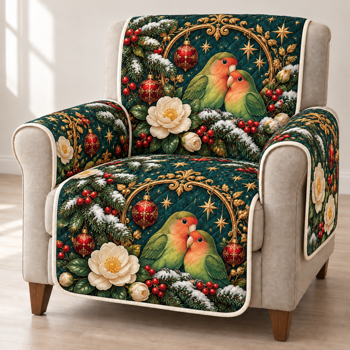Lovebird Camellia Arch printed Christmas quilted sofa cover; design mockup showing a flat printed depth effect.
