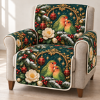 Lovebird Camellia Arch printed Christmas quilted sofa cover; design mockup showing a flat printed depth effect.