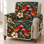 Macaw Hibiscus Arch printed Christmas quilted sofa cover; design mockup showing a flat printed depth effect.