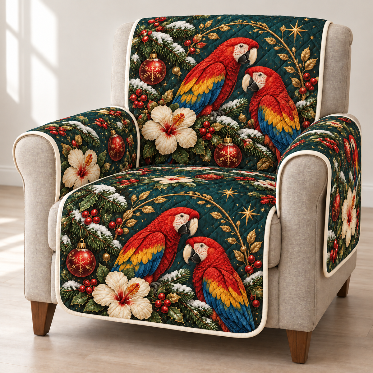Macaw Hibiscus Arch printed Christmas quilted sofa cover; design mockup showing a flat printed depth effect.