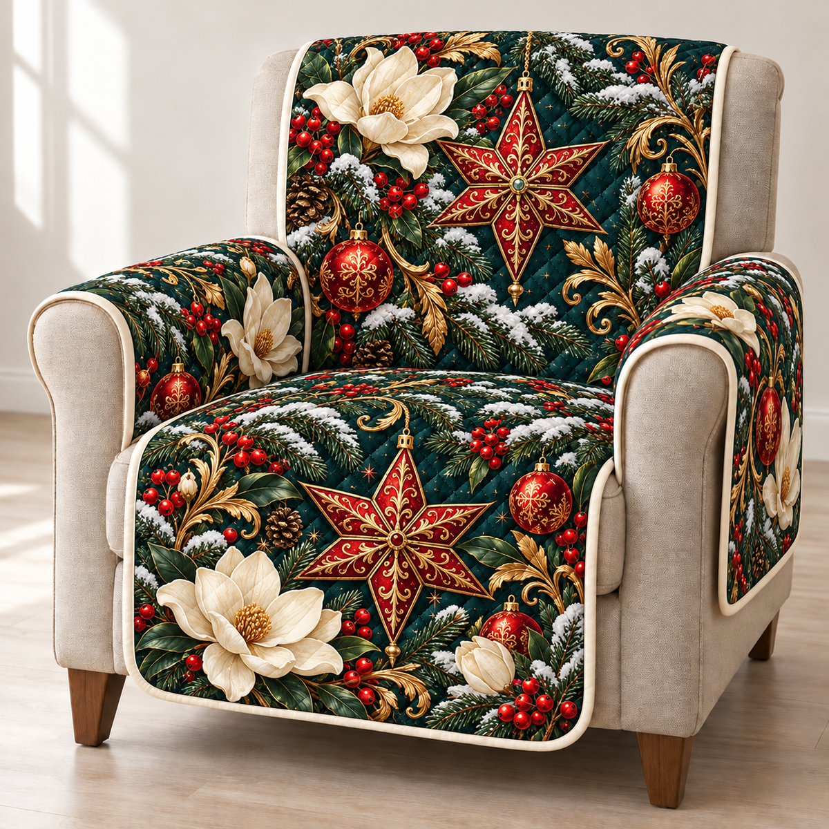 Magnolia Garnet Star printed Christmas quilted sofa cover; design mockup showing a flat printed depth effect.