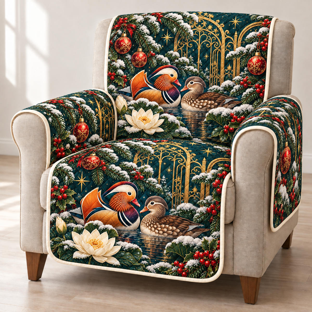 Mandarin Duck Lotus Gate printed Christmas quilted sofa cover; design mockup showing a flat printed depth effect.