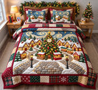 Christmas Market Village quilted 3-piece bedding set on a made bed in a winter-styled bedroom