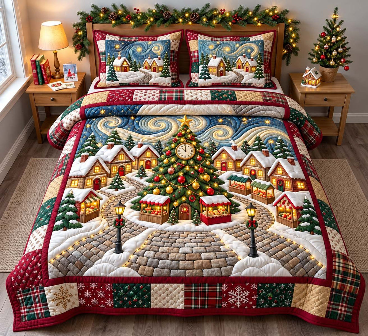 Christmas Market Village quilted 3-piece bedding set on a made bed in a winter-styled bedroom