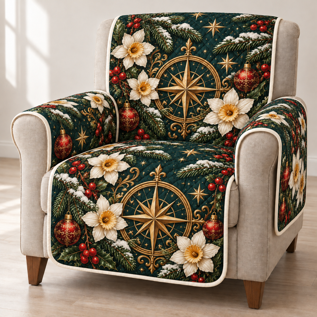 Narcissus Golden Compass printed Christmas quilted sofa cover; design mockup showing a flat printed depth effect.