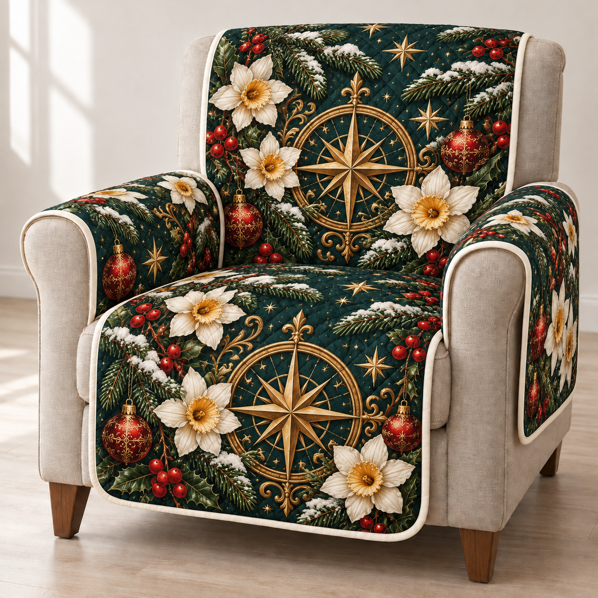 Narcissus Golden Compass printed Christmas quilted sofa cover; design mockup showing a flat printed depth effect.