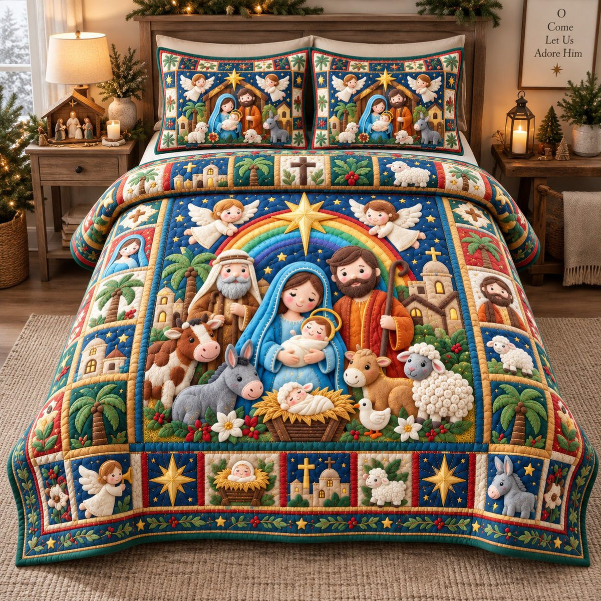 Christmas Nativity Blessings quilted 3-piece bedding set on a made bed in a winter-styled bedroom
