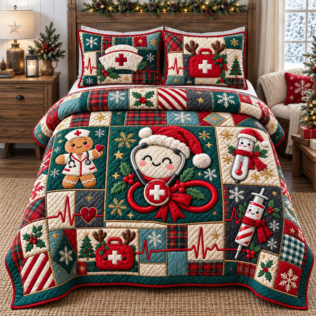 Christmas Nurse Patchwork quilted 3-piece bedding set on a made bed in a winter-styled bedroom