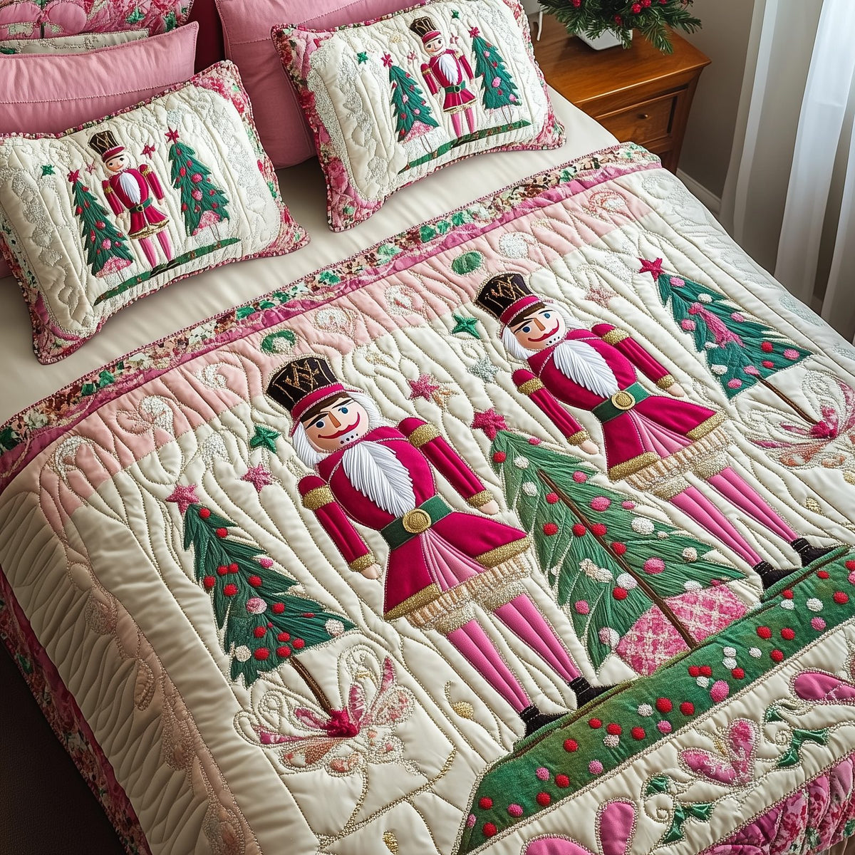Christmas Nutcracker 3-Piece Quilted Bedding Set GFTOAB177 quilted 3-piece bedding set on a made bed in a winter-styled bedroom
