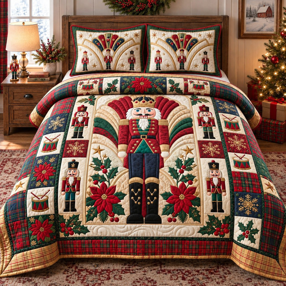 Christmas Nutcracker quilted 3-piece bedding set on a made bed in a winter-styled bedroom