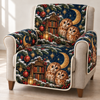 Owl Moon Library printed Christmas quilted sofa cover; design mockup showing a flat printed depth effect.